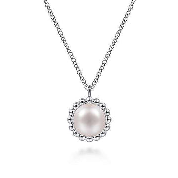 Sterling Silver Round Pearl Pendant Necklace with Beaded Frame